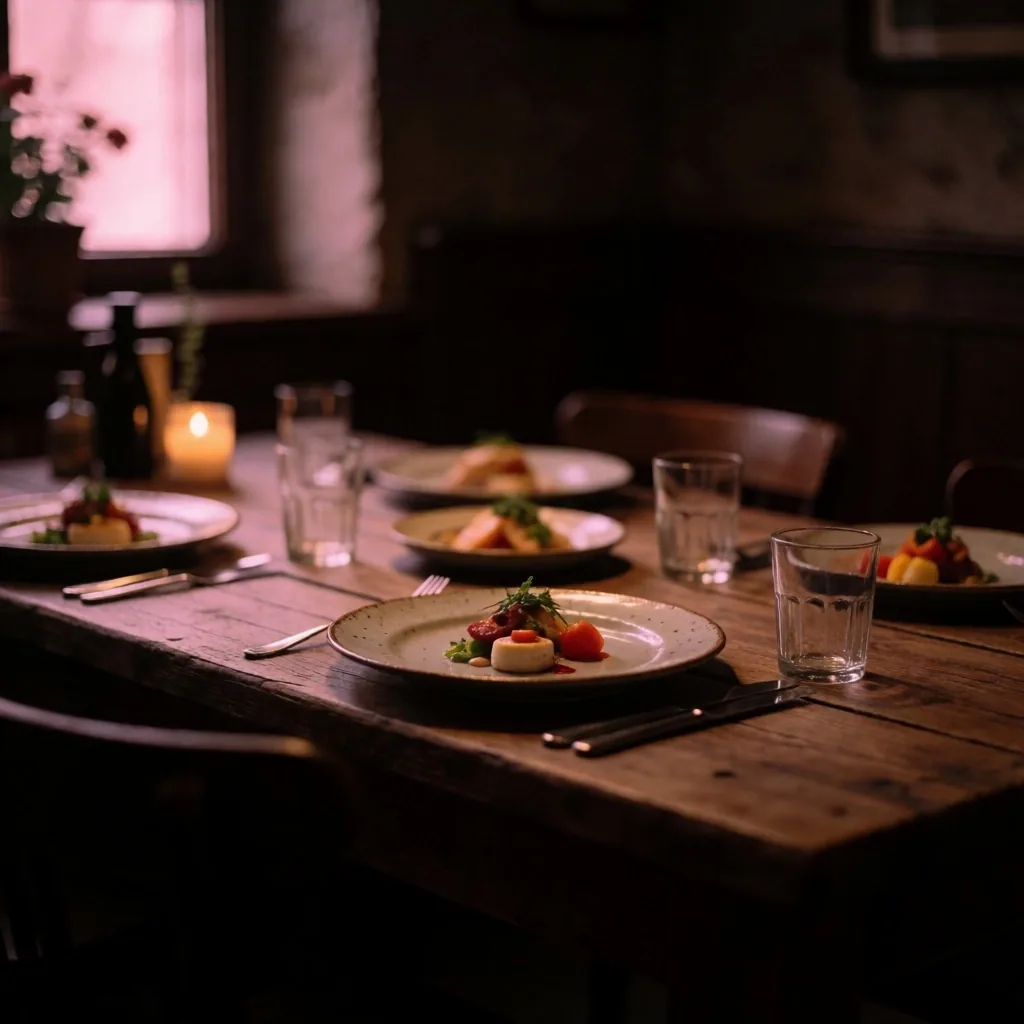 Nakryty stół podczas kolacji w restauracji w nastrojowym oświetleniu