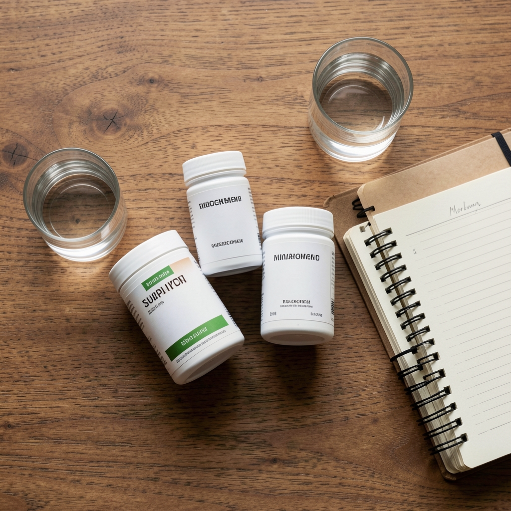 Supplement containers arranged on a wooden desk with a glass of water and a morning journal, editorial flat lay composition