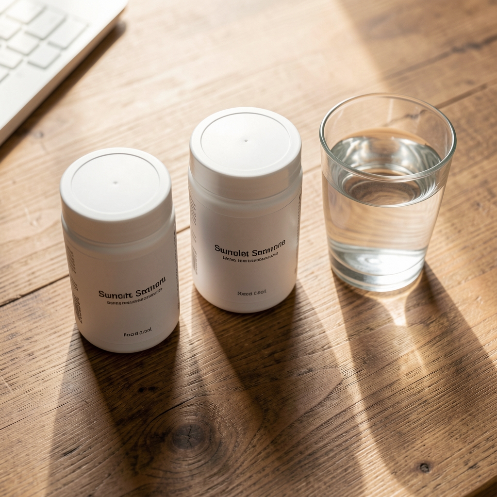 Supplement containers and a glass of water arranged on a wooden desk in soft morning light, editorial overhead composition