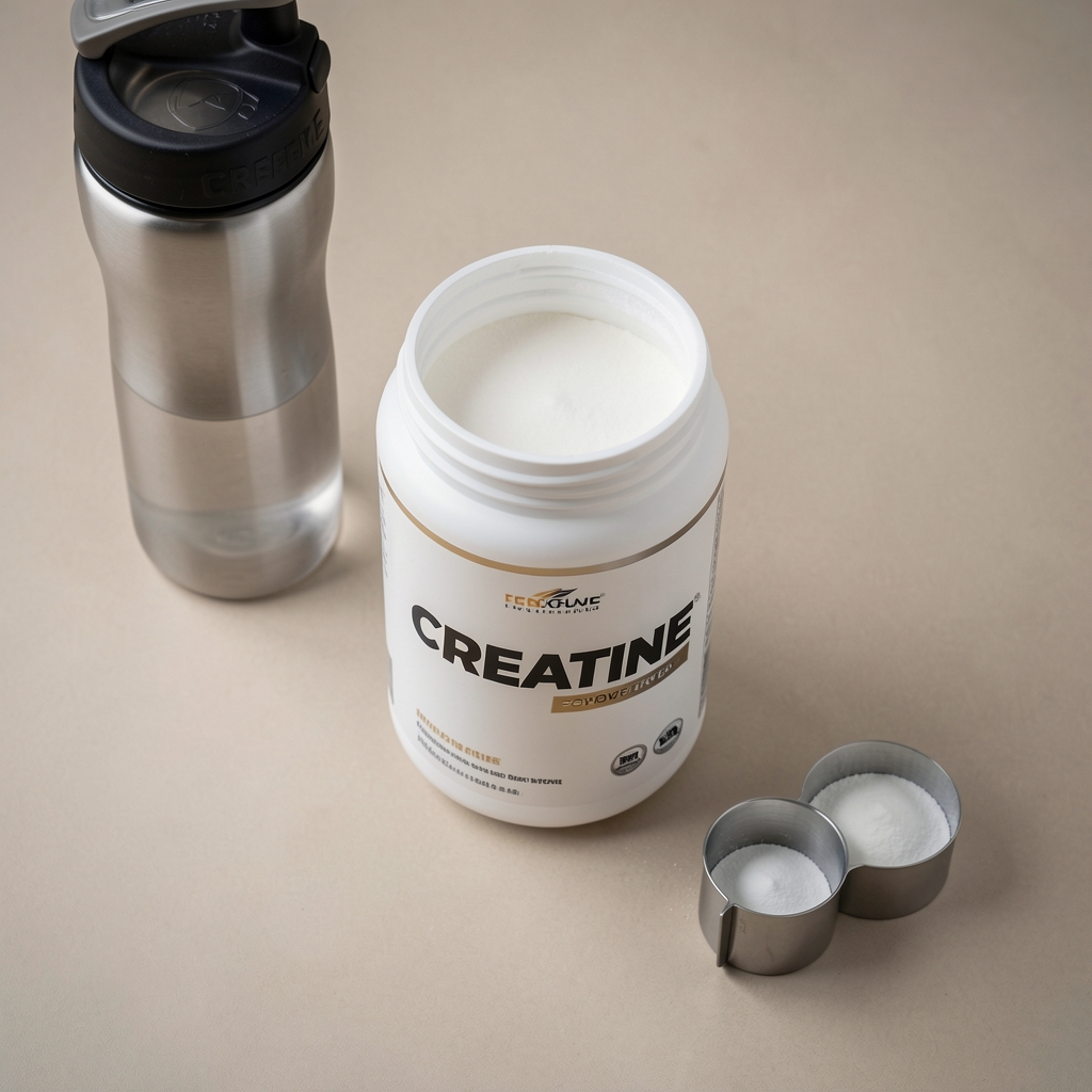 Creatine powder container and measuring scoop on a neutral surface with a gym water bottle in background, editorial overhead composition