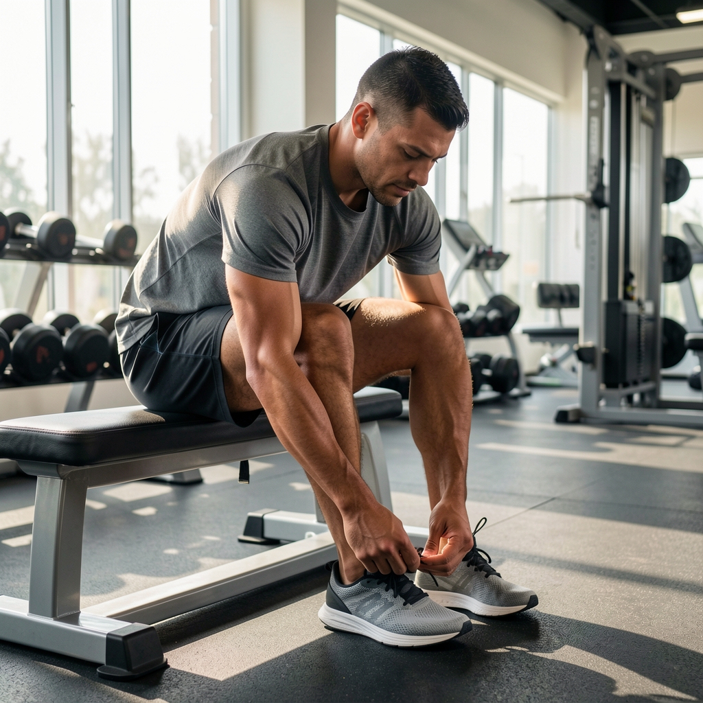 Active lifestyle scene with a man tying gym shoes on a bench, natural morning light in a gym setting, editorial documentary composition